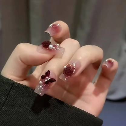 NAKHI Reusable Artificial Fake Nail Set | maroon 3d Butterfly Design Glossy Nails Brown