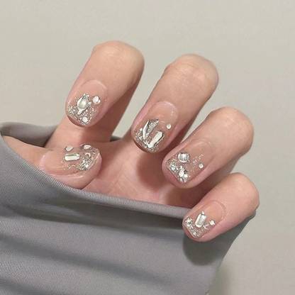 KILLFE Artificial Reusable Brocken Crystal Décor Nails With Double-side Glue Sticker Peach, Glitter