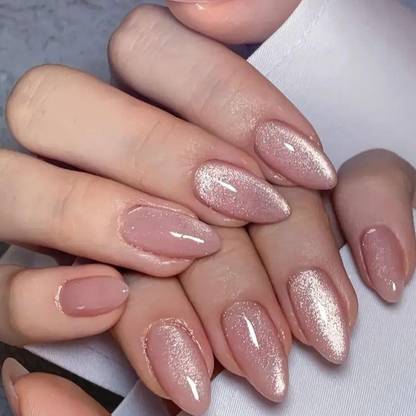 The Pink Truck Set of 24 Artificial Reusable nails in Pink Glitter Cat Eye Effect with glue Pink