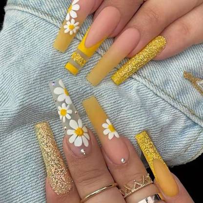 SECRET LIVES Designer Artifical extension nails translucent white with stones yellow color and golden glitter with white flower, with glue sheet