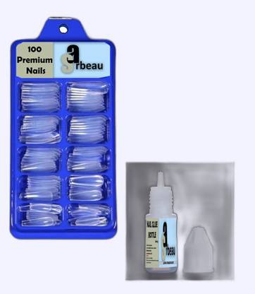 Sarbeau 200-Pcs Artificial Nails Set - 100 White & 100 Transparent and 2 Nail Glue_C_086 Transparent