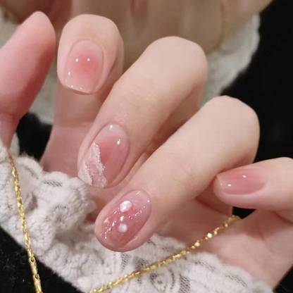 KILLFE Artificial Reusable Nails Pink Color White Pattern Décor With Double-side Glue Light Pink