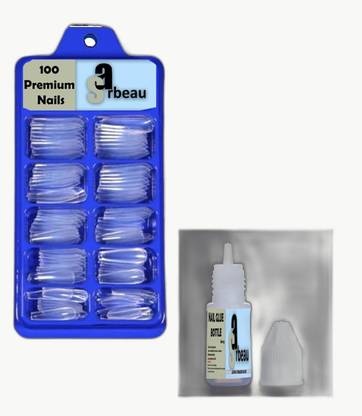 Sarbeau 200-Pcs Artificial Nails Set - 100 White & 100 Transparent and 2 Nail Glue_C_044 Transparent