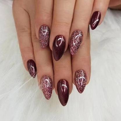 The Pink Truck Set of 24 Artificial Reusable nails in Wine with glitter and gloss with glue Wine