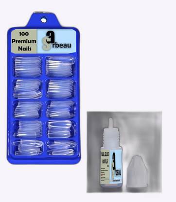 Sarbeau 200-Pcs Artificial Nails Set - 100 White & 100 Transparent and 2 Nail Glue_C_096 Transparent