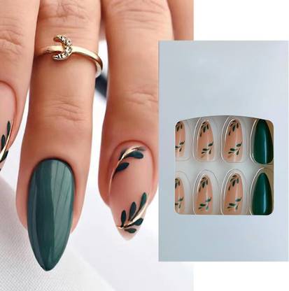 S.A.V.I 24 PCs - Nude Green Leaf Print Press-On Nails, Long Almond Shape, Mani Nude Green