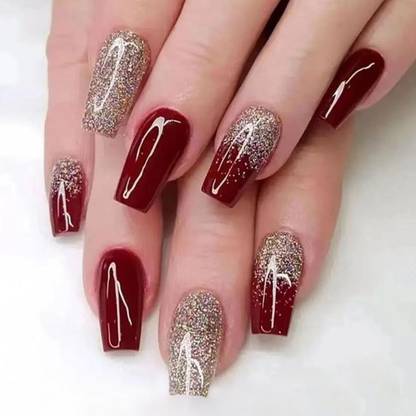 The Pink Truck Set of 24 Artificial Reusable Nails in Half Red Half golden colour with glue Red, Golden