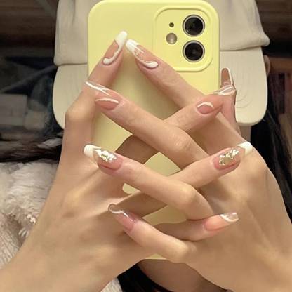 KILLFE Artificial Reusable Nails 24Pcs Set With Glue & 1 Sheet Double-side Glue Sticker Pink,White