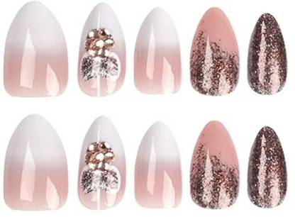 SECRET LIVES Glossy Artificial Fake False Press on Nails Dark Brown Glitter with 3D Stones 24 Pieces, with Kit
