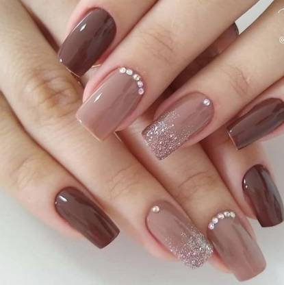The NailzStation Studded Fake Artificial Press on Nails with glue application kit Brown