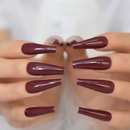 Shhagan Glossy Classic Burgundy Designer Artificial Press-on-Nails with Glue 524 Multicolor