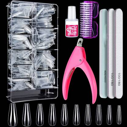 KIRA Fake Coffin Nail Tips With Glue Buffer Nail Brush and Clipper Set for Women, Transparent