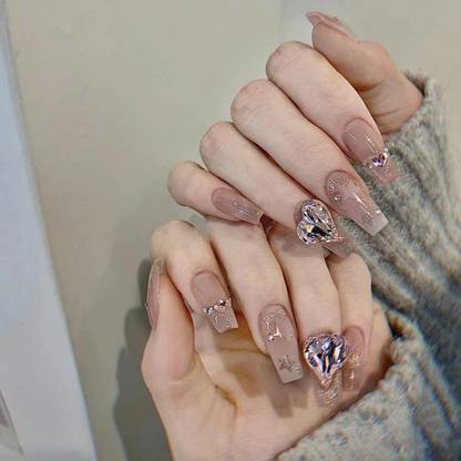 KILLFE Artificial Reusable Nails 24Pcs Set peach color pink crystal heart Parten Multicolor