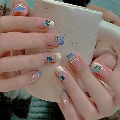 KILLFE Artificial Reusable Stone White Blue Pattern Nail With Double-side Glue Sticker Blue, White