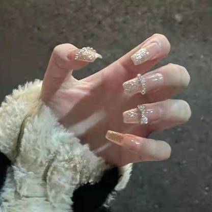 The Pink Truck Set of 24 Artificial reusable Nails in Metallic Gold with pearls n bow with glue Golden