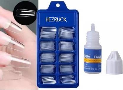 Hezruck 100 Pcs Transparent Artificial Nails with Nail Glue Transparent