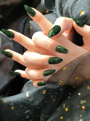 SECRET LIVES Designer Artifical extension nails with glue sheet glossy green