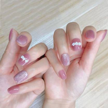 SECRET LIVES Designer cats eye artifical fake nails extension short translucent light pink 3D white flower design