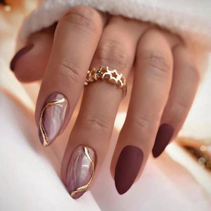 The Pink Truck Set of 24 Artificial Reusable nails in Maroon with golden detailing with glue Maroon, Golden