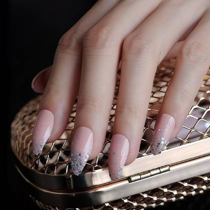 Shhagan Glamorous skin tone Nails with Silver Glitter Tips skin tone, silver glitter