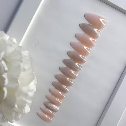 Shhagan Glossy Silver Glitter Fake Nails in Stiletto Nude