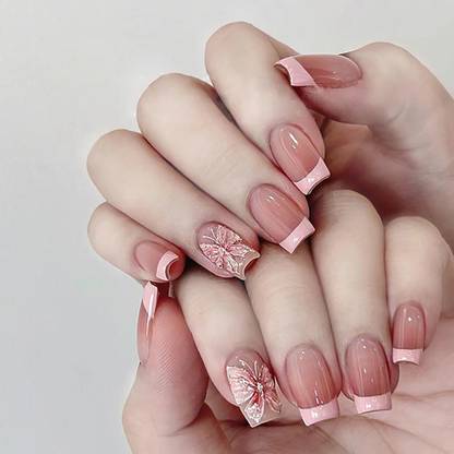 KILLFE Artificial Reusable Nails 24Pcs Set peach color butterfly & light pink Parten Multicolor