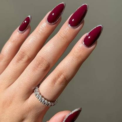 NAKHI 24 Artificial Fake Nail Set| Dark Red Color With Silver Glitter Design Nails Dark Red