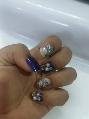 PMW Blue And Cream Color 3D Nails - Pack of 12 Blue And Cream