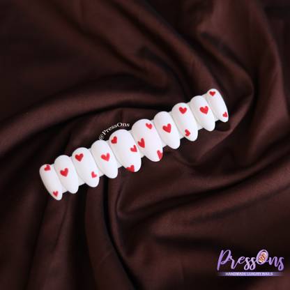 PressOns Nails Set With Red Rhinestone Heart, Romantic Design white