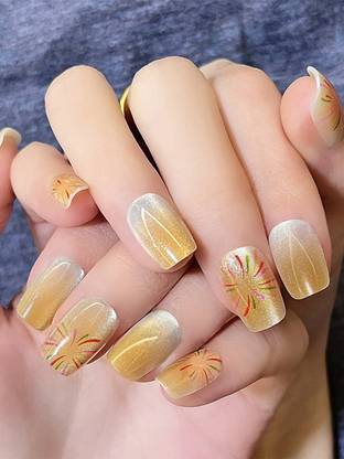 Love Secret Glossy Cats Eye Artificial Yellow Color with Red & Green Design Fake Nails 24 Pieces Set with kit