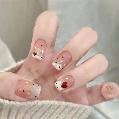 KILLFE Artificial Reusable Nails 24Pcs peach color red heart multicolor doit Parten Multicolor