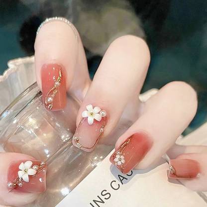 KILLFE Artificial Reusable Pearl Flower Gold Pattern Nails Décor With Double-side Glue Light Red