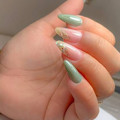 Shhagan Designer High Quality Press on nails-746 Sage Green, Sheer, Glitter