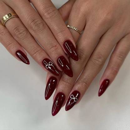 NAKHI Reusable Artificial Fake Nail Set |Base maroon colour with White Bow Design maroon