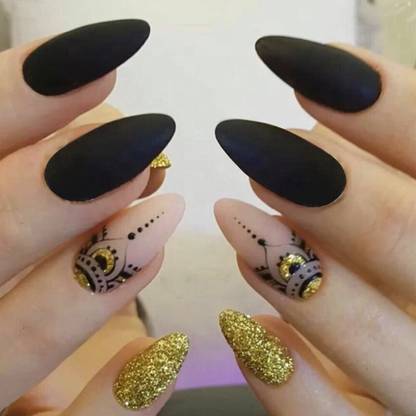 SECRET LIVES Designer Artifical extension nails with glue sheet matte black golden glitter with white design