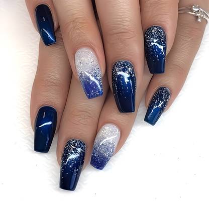 Shhagan Designer High Quality Press on nails-b177 Navy blue, Light blue, Silver glitter