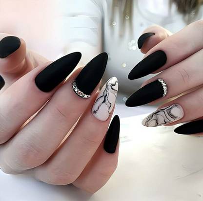 Shhagan Elegant Marble and Matte Black Press-On Nails Black, multicolor