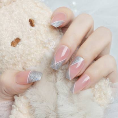 The Pink Truck Set of 24 Artificial Reusable nails in Pinkish Cross with silver tips design Pink, Silver