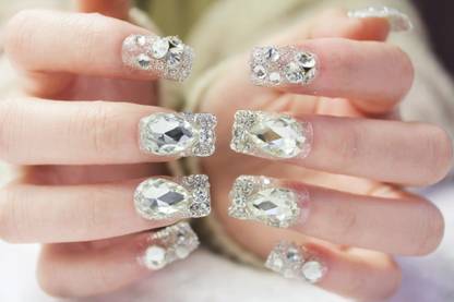 SECRET LIVES Designer Artifical extension nails silver glitter 3d bow with mirror work with glue sheet