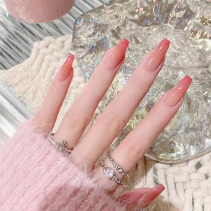 The Pink Truck Set of 24 Artificial reusable Nails in Tomato with Ombre Design with glue Red, Natural, Ombre