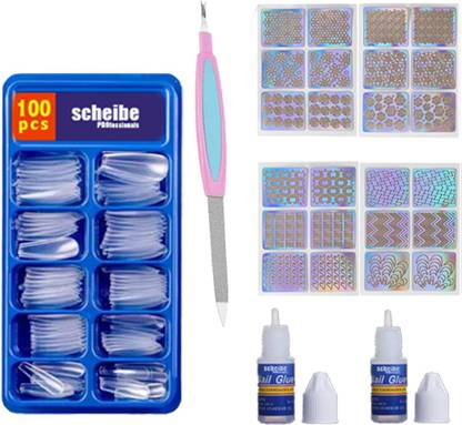Scheibe 100 pcs Transparent Nails, 2 pcs Nail Glue, 4pcs Nail Art Sticker and Nail Filer Transparent