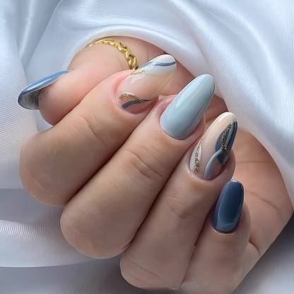 Shhagan Serene Blue Marble Nails light blue, dark blue, white, gold