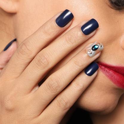 Lick - Press on Nails 30 Pcs Navy Blue Acrylic Reusable False/Artificial Nails with Application Kit Navy Blue With Emerald Green Studs