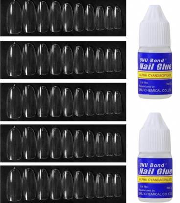 UniTale Pre Shape 50 Pcs Of Transparent Reusable Fake Nails Extension With 2x Glues Transparent, Long Oval