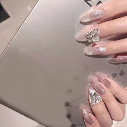 Love Secret Glossy Cats Eye Artificial Curve Shape Translucent Pink 3D Grey butterfly Design Press on Nails 24 pieces set with kit