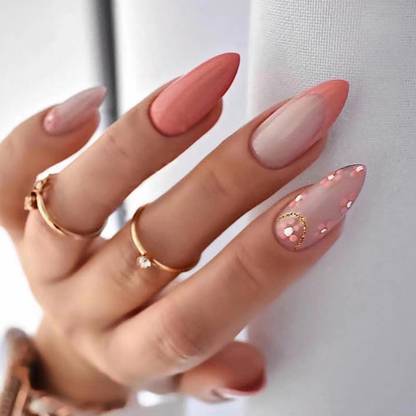 The Pink Truck Set of 24 Artificial Reusable Nails in Peach Pink with flower design with glue Peach, Pink