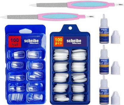 Scheibe 100pcs Transparent Nails 100pcs White Nails 3 Nail Glue and 2 Nail Filer combo White, Transparent