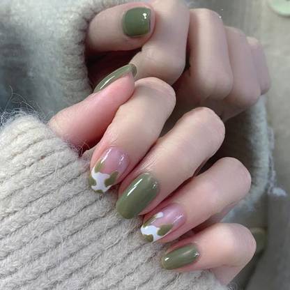 KILLFE Artificial Fake Reusable Nails 24 PCS Set With Glue, 1 Sheet Double-side Glue Dark Green,Pink