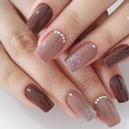 Shhagan Designer High Quality Press on nails-587 Dark Brown, Light Brown, Silver Glitter, Rhinestones