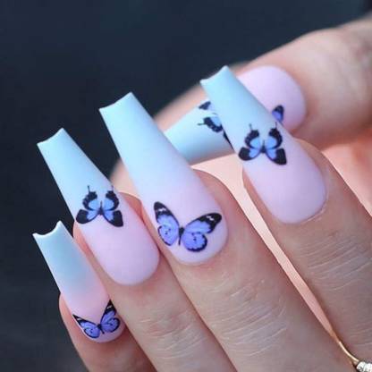 NAUREA Set of 24 artificial reusable nails with Butterfly design Pink, White
